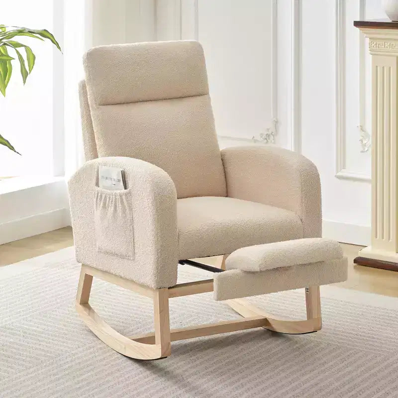 Fauteuil à bascule rembourré et confortable avec repose-pieds réglable et pochette latérale, fauteuil d'appoint moderne pour chambre de bébé ou salon