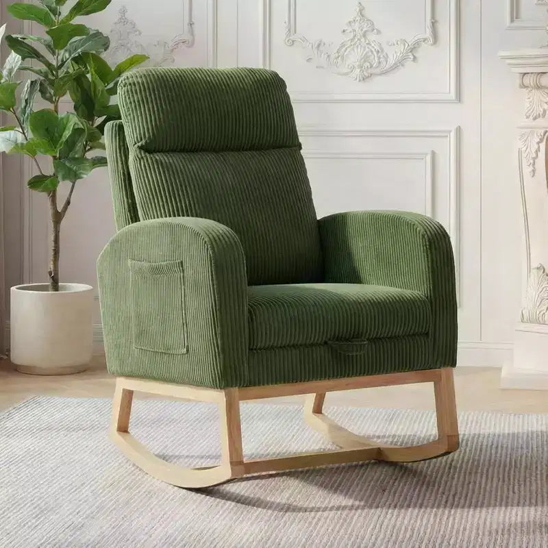 Fauteuil à bascule rembourré et confortable avec repose-pieds réglable et pochette latérale, fauteuil d'appoint moderne pour chambre de bébé ou salon