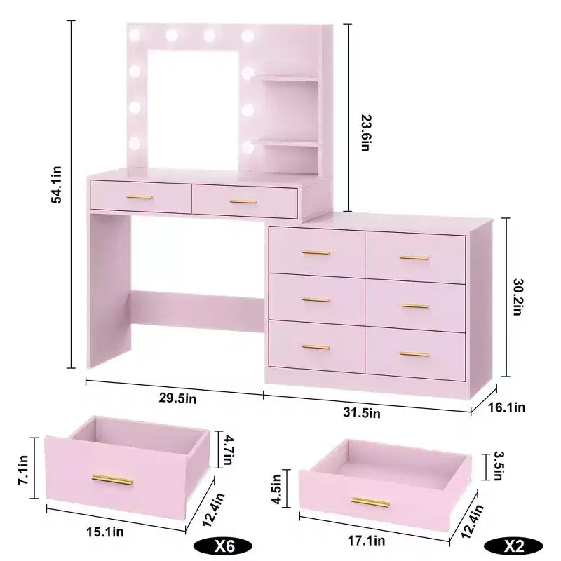 GustoWave 61 Coiffeuse avec miroir et lumières, Coiffeuse rose avec 8 tiroirs de rangement larges, 3 modes d'éclairage avec luminosité réglable