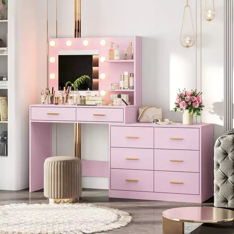 GustoWave 61 Coiffeuse avec miroir et lumières, Coiffeuse rose avec 8 tiroirs de rangement larges, 3 modes d'éclairage avec luminosité réglable