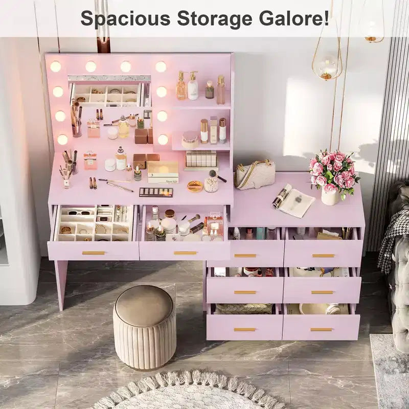 GustoWave 61 Coiffeuse avec miroir et lumières, Coiffeuse rose avec 8 tiroirs de rangement larges, 3 modes d'éclairage avec luminosité réglable