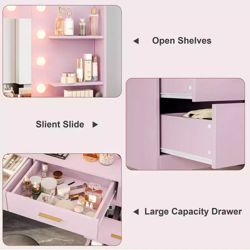 GustoWave 61 Coiffeuse avec miroir et lumières, Coiffeuse rose avec 8 tiroirs de rangement larges, 3 modes d'éclairage avec luminosité réglable