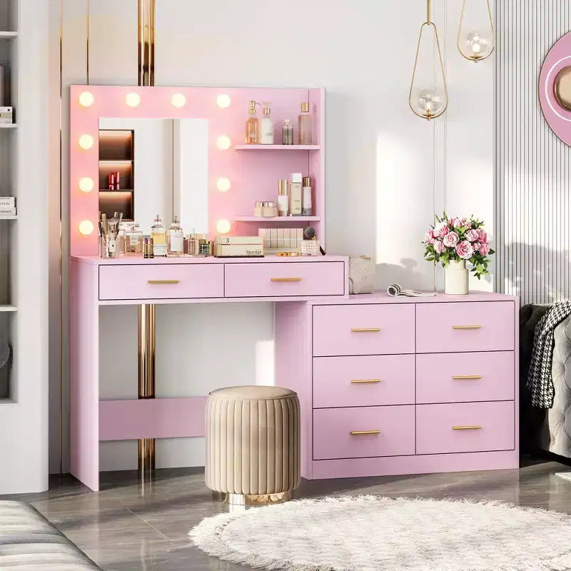 GustoWave 61 Coiffeuse avec miroir et lumières, Coiffeuse rose avec 8 tiroirs de rangement larges, 3 modes d'éclairage avec luminosité réglable