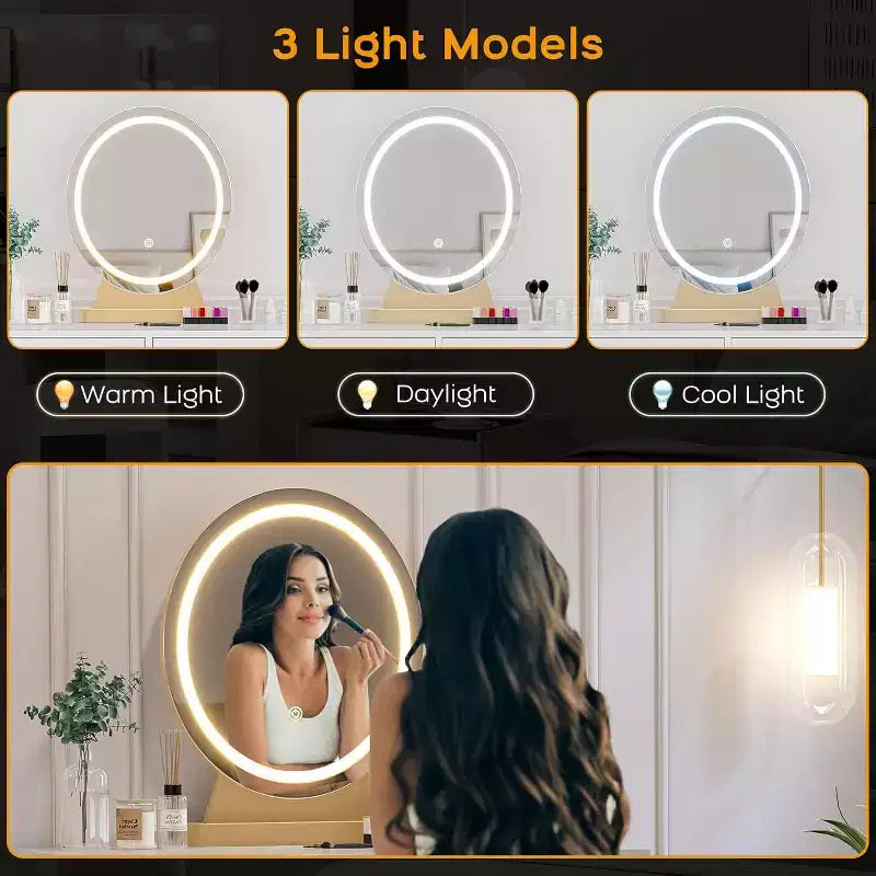Coiffeuse avec miroir lumineux et tabouret rembourré, 2 tiroirs Blanc et or