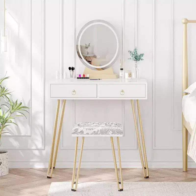 Coiffeuse avec miroir lumineux et tabouret rembourré, 2 tiroirs Blanc et or