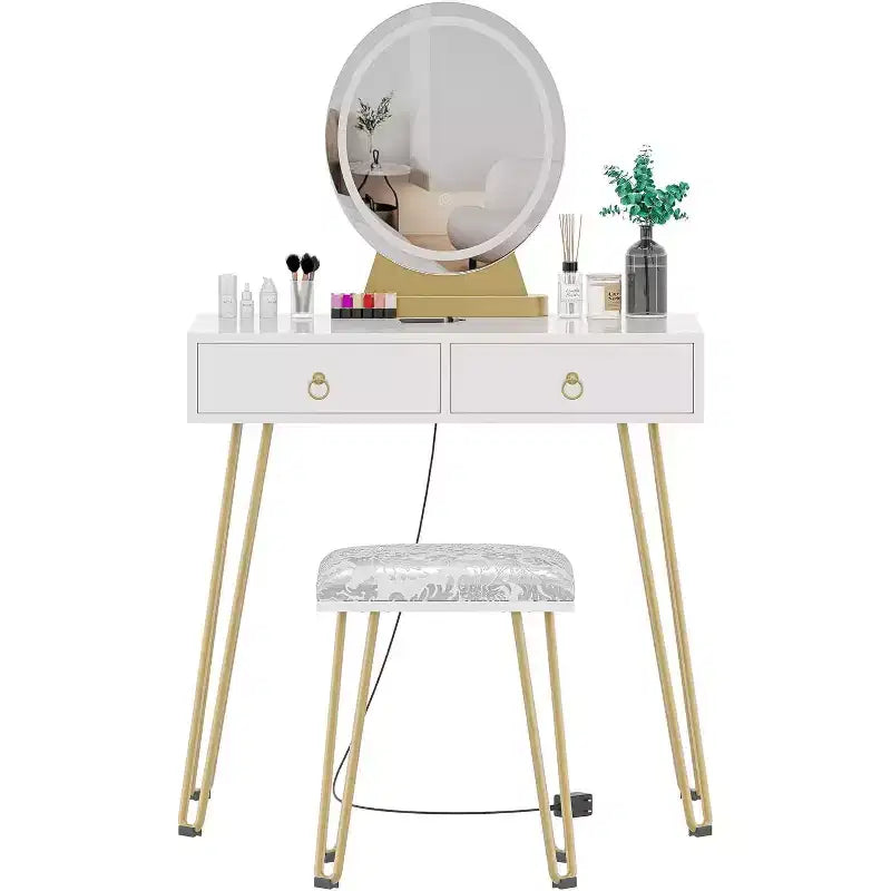 Coiffeuse avec miroir lumineux et tabouret rembourré, 2 tiroirs Blanc et or