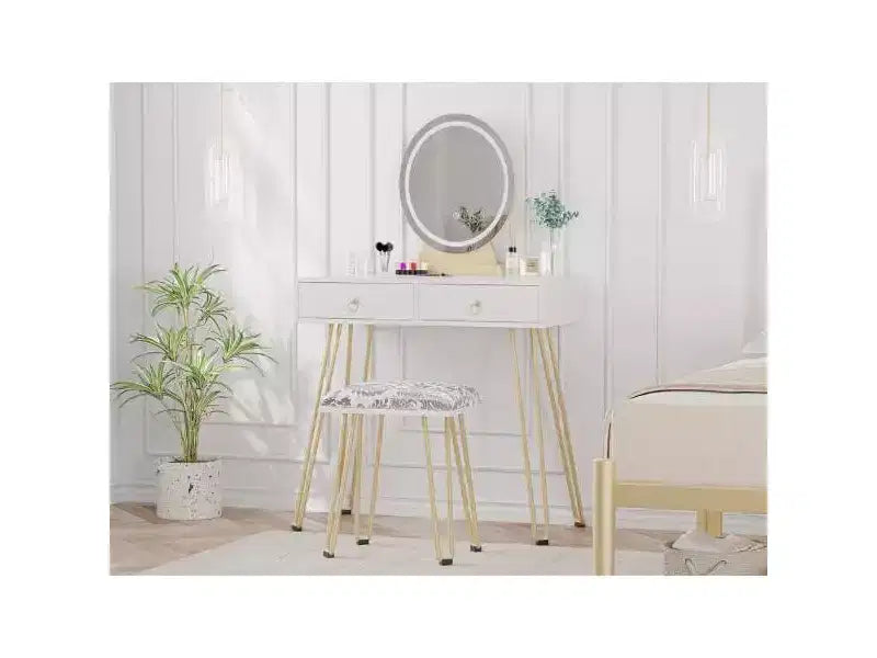Coiffeuse avec miroir lumineux et tabouret rembourré, 2 tiroirs Blanc et or