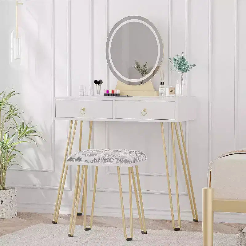Coiffeuse avec miroir lumineux et tabouret rembourré, 2 tiroirs Blanc et or