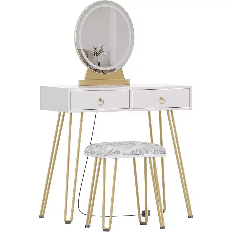 Coiffeuse avec miroir lumineux et tabouret rembourré, 2 tiroirs Blanc et or