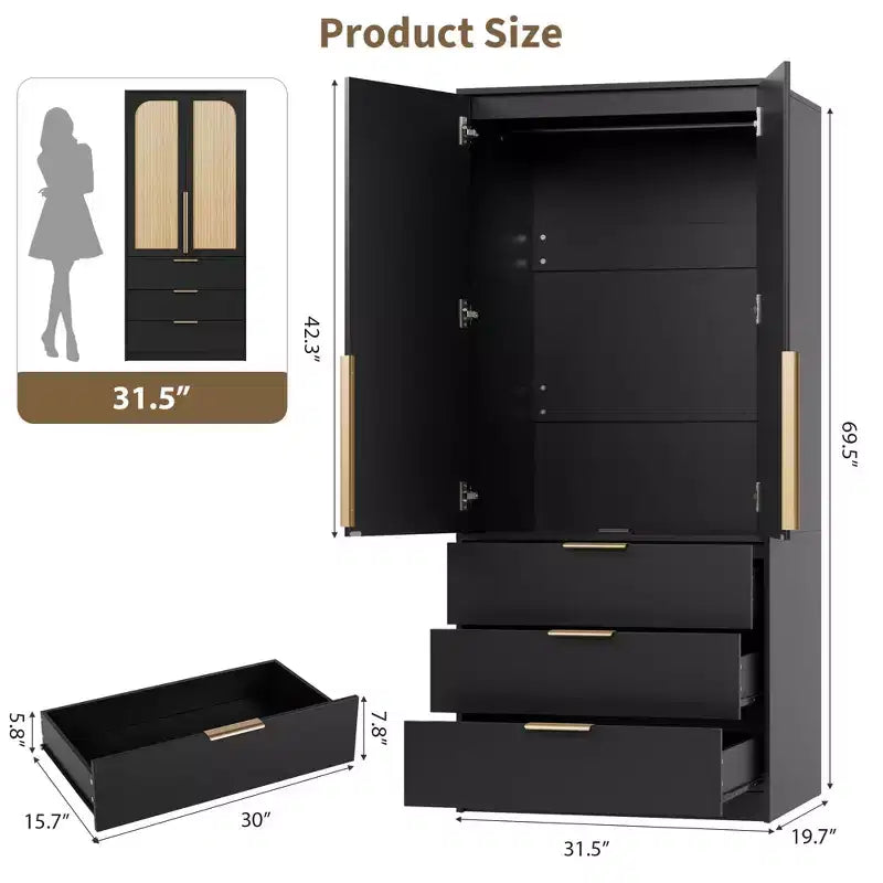 Armoire penderie en rotin GustoWave avec 3 tiroirs et 2 portes, armoires de garde-robe modernes en bois, armoires hautes de chambre à coucher, robustes