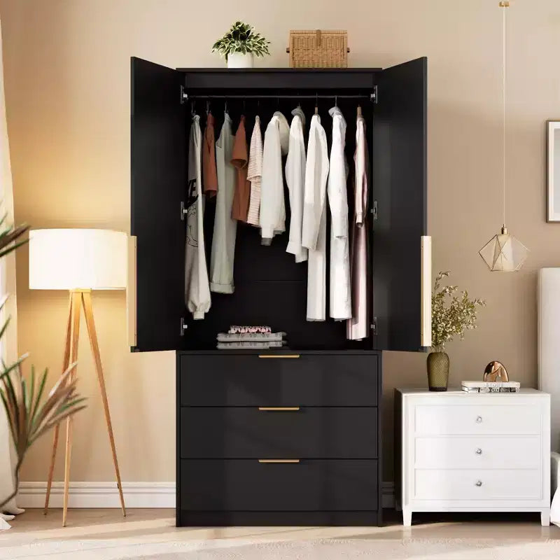 Armoire penderie en rotin GustoWave avec 3 tiroirs et 2 portes, armoires de garde-robe modernes en bois, armoires hautes de chambre à coucher, robustes