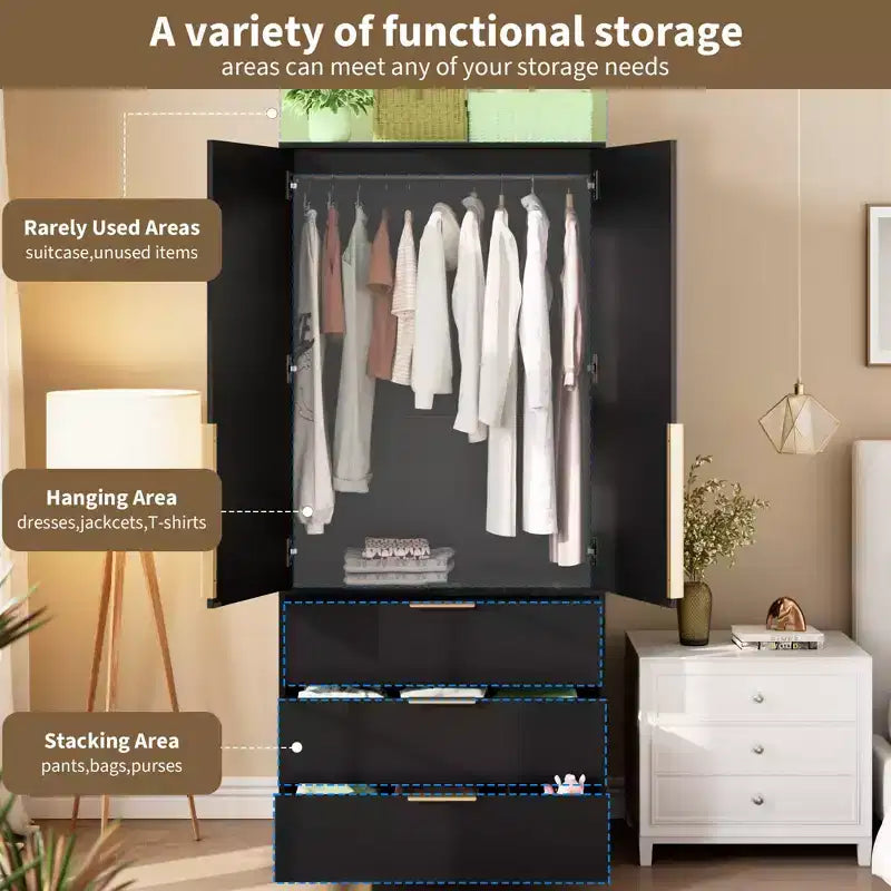 Armoire penderie en rotin GustoWave avec 3 tiroirs et 2 portes, armoires de garde-robe modernes en bois, armoires hautes de chambre à coucher, robustes