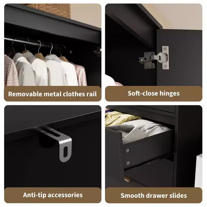 Armoire penderie en rotin GustoWave avec 3 tiroirs et 2 portes, armoires de garde-robe modernes en bois, armoires hautes de chambre à coucher, robustes