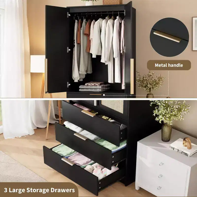 Armoire penderie en rotin GustoWave avec 3 tiroirs et 2 portes, armoires de garde-robe modernes en bois, armoires hautes de chambre à coucher, robustes