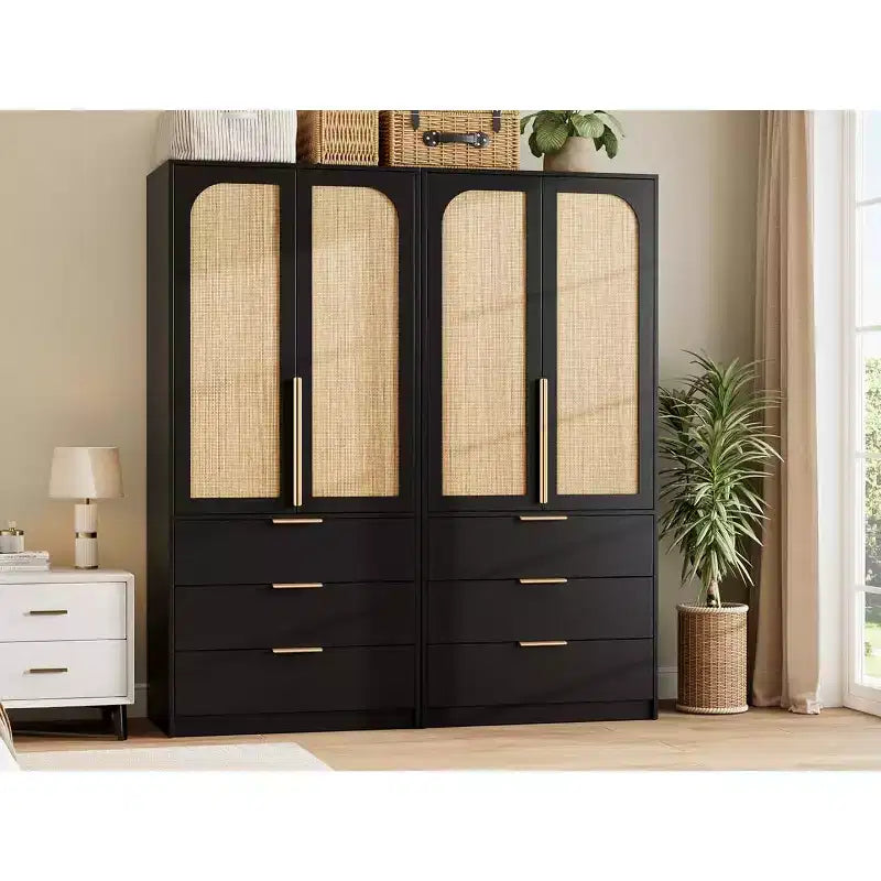 Armoire penderie en rotin GustoWave avec 3 tiroirs et 2 portes, armoires de garde-robe modernes en bois, armoires hautes de chambre à coucher, robustes