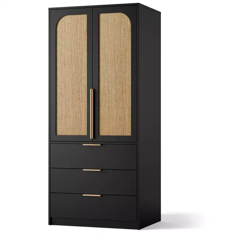 Armoire penderie en rotin GustoWave avec 3 tiroirs et 2 portes, armoires de garde-robe modernes en bois, armoires hautes de chambre à coucher, robustes