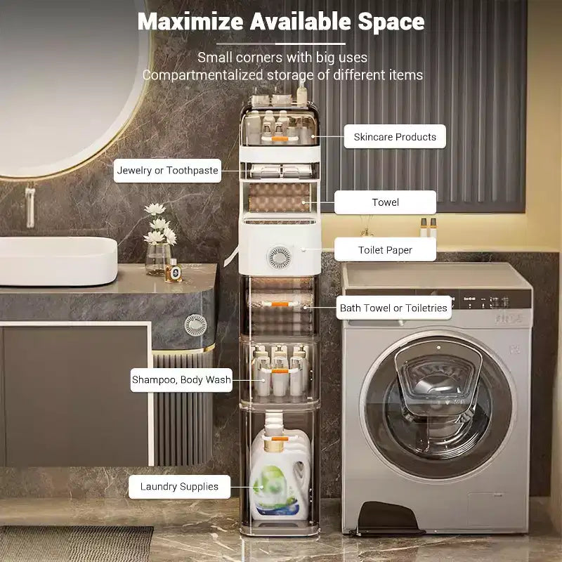 Meuble de Rangement Slim Imperméable pour Salle de Bain, Organisateur Haut et Étroit en Plastique avec Tiroirs, Distributeur de Mouchoirs et Roulettes, Meuble de Rangement Gain de Place pour Cuisine