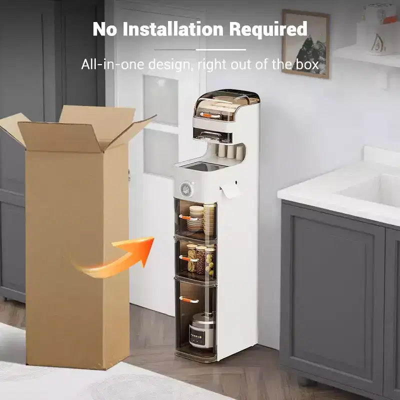 Meuble de Rangement Slim Imperméable pour Salle de Bain, Organisateur Haut et Étroit en Plastique avec Tiroirs, Distributeur de Mouchoirs et Roulettes, Meuble de Rangement Gain de Place pour Cuisine