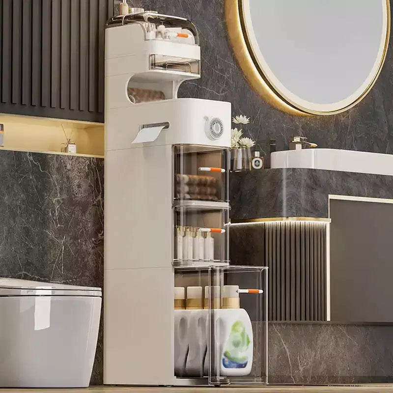 Meuble de Rangement Slim Imperméable pour Salle de Bain, Organisateur Haut et Étroit en Plastique avec Tiroirs, Distributeur de Mouchoirs et Roulettes, Meuble de Rangement Gain de Place pour Cuisine