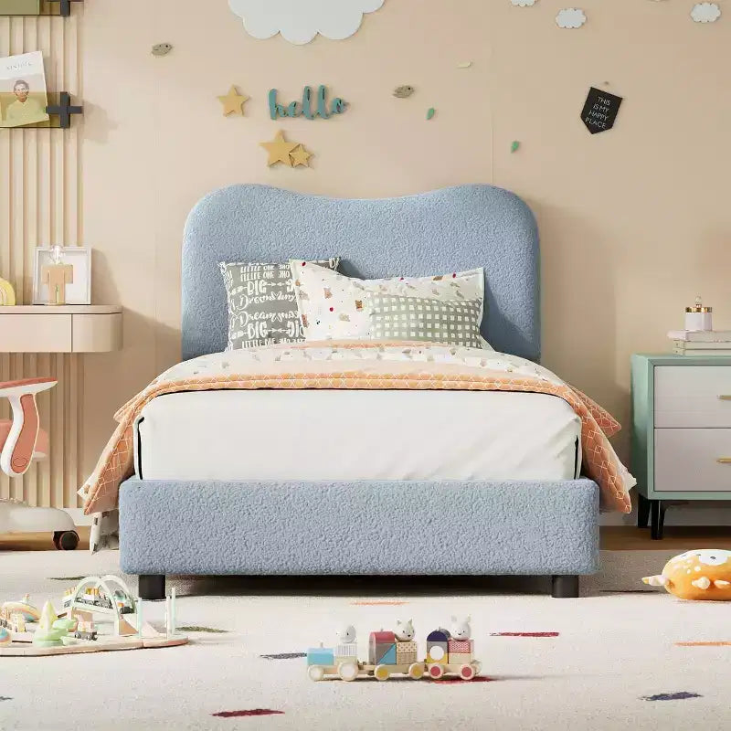 Cadre de lit jumeau pour enfants Lit plateforme bas pour filles et garçons avec tête de lit rembourrée en velours, lattes en bois solides, assemblage facile