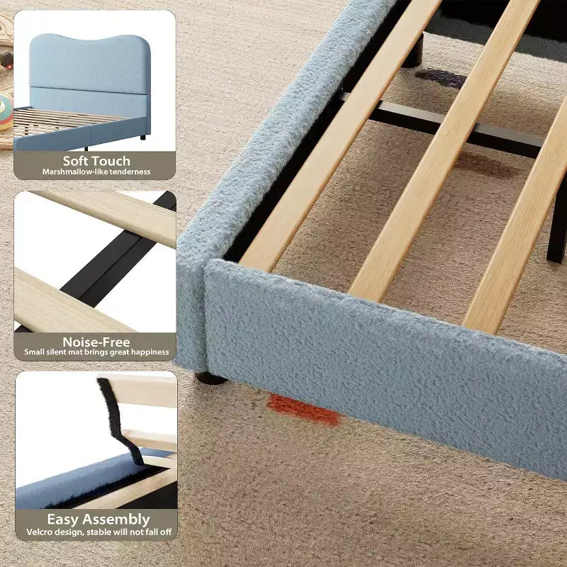 Cadre de lit jumeau pour enfants Lit plateforme bas pour filles et garçons avec tête de lit rembourrée en velours, lattes en bois solides, assemblage facile