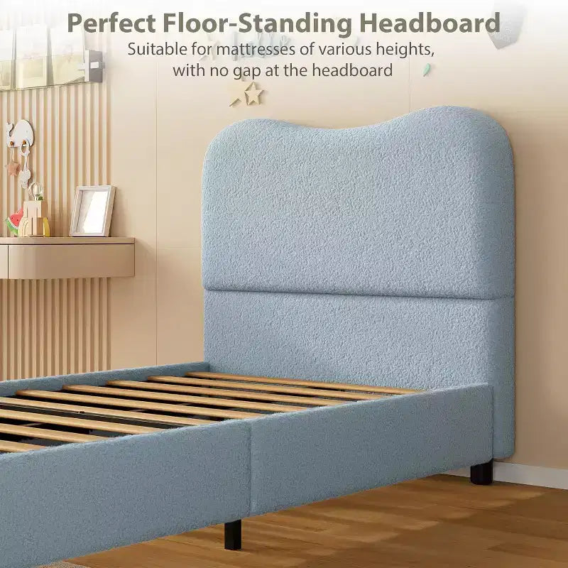 Cadre de lit jumeau pour enfants Lit plateforme bas pour filles et garçons avec tête de lit rembourrée en velours, lattes en bois solides, assemblage facile