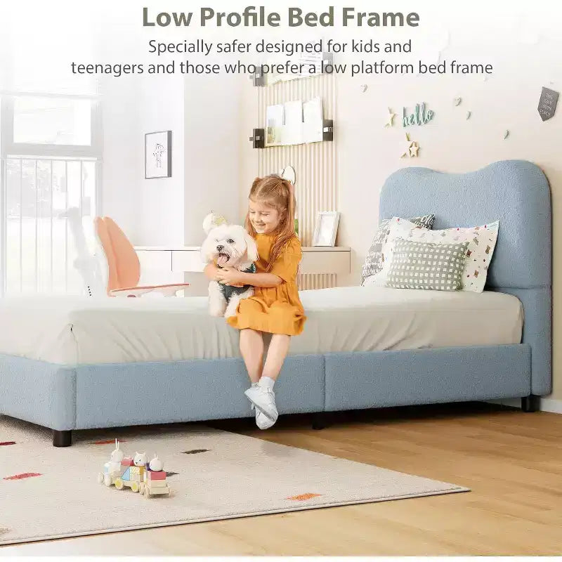 Cadre de lit jumeau pour enfants Lit plateforme bas pour filles et garçons avec tête de lit rembourrée en velours, lattes en bois solides, assemblage facile