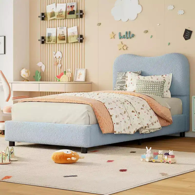 Cadre de lit jumeau pour enfants Lit plateforme bas pour filles et garçons avec tête de lit rembourrée en velours, lattes en bois solides, assemblage facile