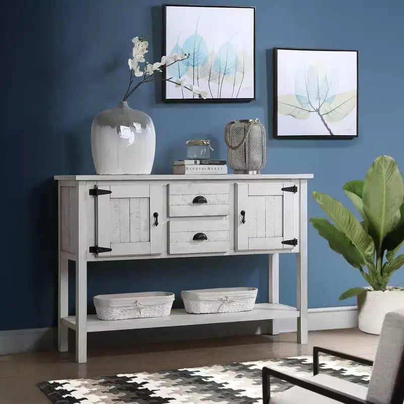 Hostack Table console en bois massif 48'' avec 2 tiroirs et armoires pour salon et salle à manger, blanc antique