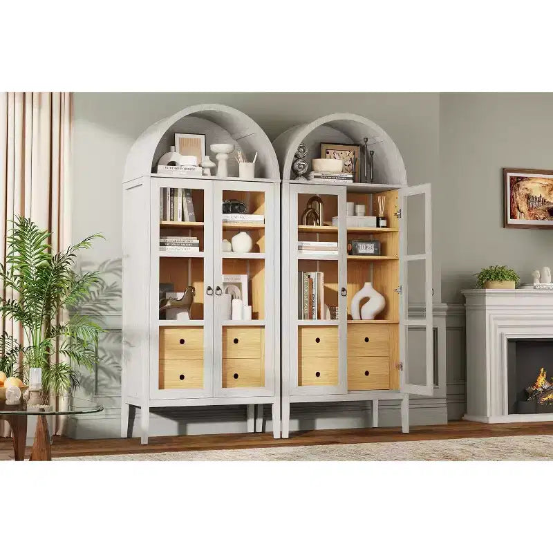 AMERLIFE 71 Meuble de Rangement Haut Arqué avec Portes en Verre et Tiroirs pour Salon