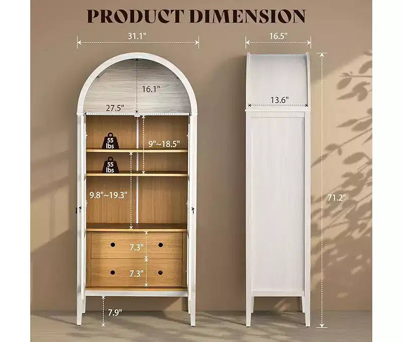 AMERLIFE 71 Meuble de Rangement Haut Arqué avec Portes en Verre et Tiroirs pour Salon