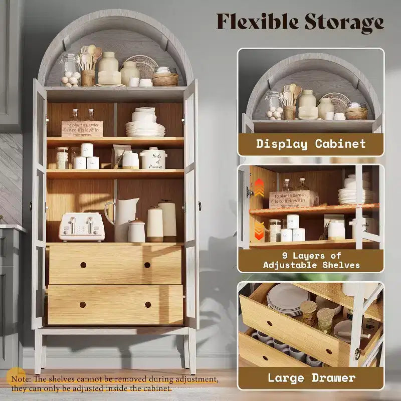 AMERLIFE 71 Meuble de Rangement Haut Arqué avec Portes en Verre et Tiroirs pour Salon