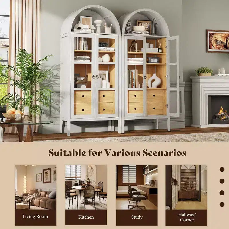 AMERLIFE 71 Meuble de Rangement Haut Arqué avec Portes en Verre et Tiroirs pour Salon