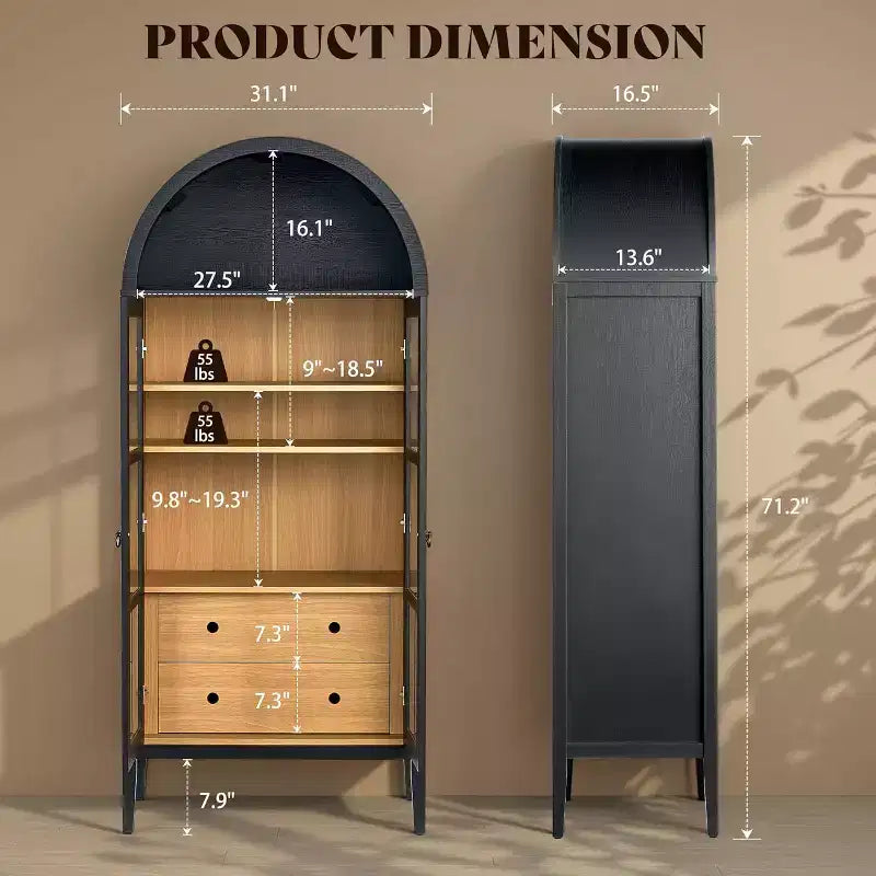 AMERLIFE 71 Meuble de Rangement Haut Arqué avec Portes en Verre et Tiroirs pour Salon