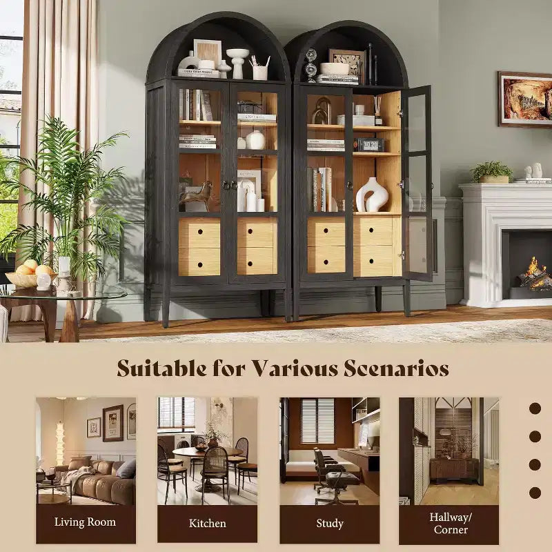 AMERLIFE 71 Meuble de Rangement Haut Arqué avec Portes en Verre et Tiroirs pour Salon