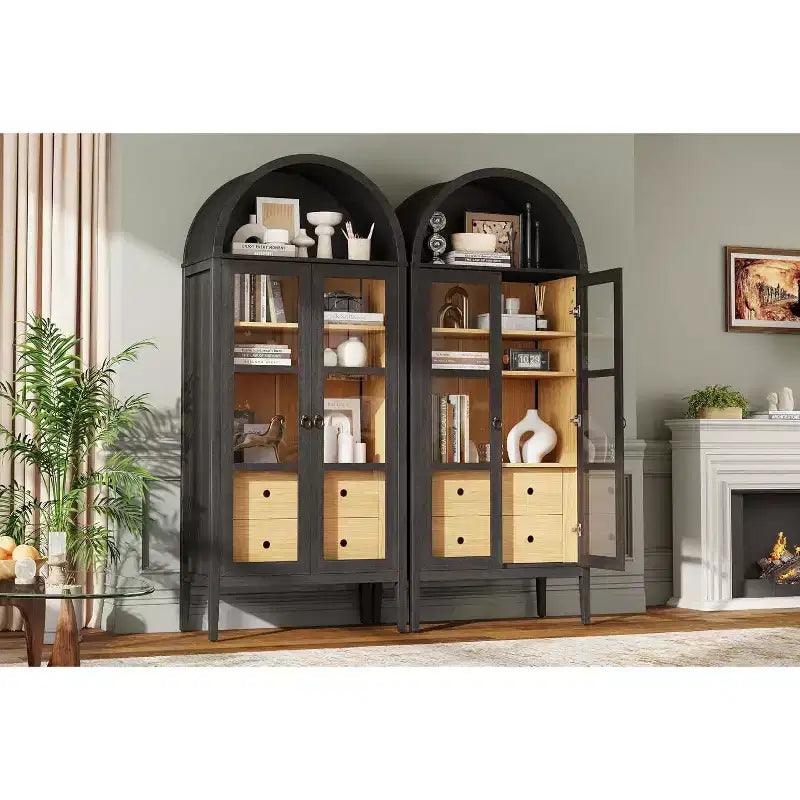 AMERLIFE 71 Meuble de Rangement Haut Arqué avec Portes en Verre et Tiroirs pour Salon
