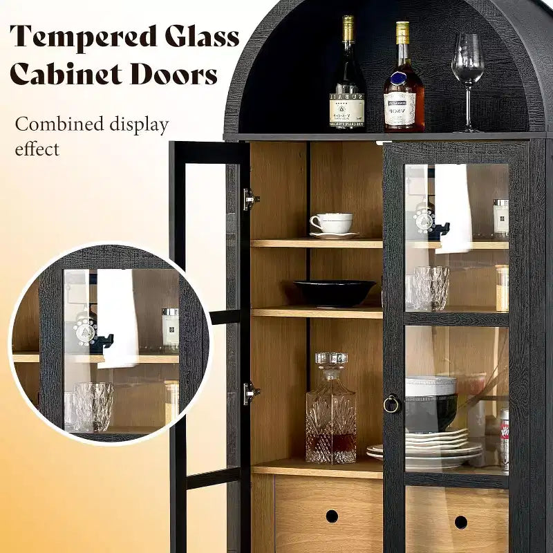 AMERLIFE 71 Meuble de Rangement Haut Arqué avec Portes en Verre et Tiroirs pour Salon