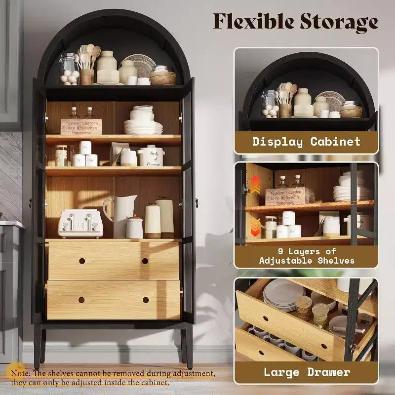 AMERLIFE 71 Meuble de Rangement Haut Arqué avec Portes en Verre et Tiroirs pour Salon