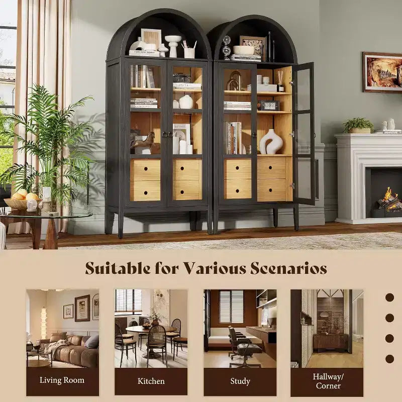 AMERLIFE 71 Meuble de Rangement Haut Arqué avec Portes en Verre et Tiroirs pour Salon