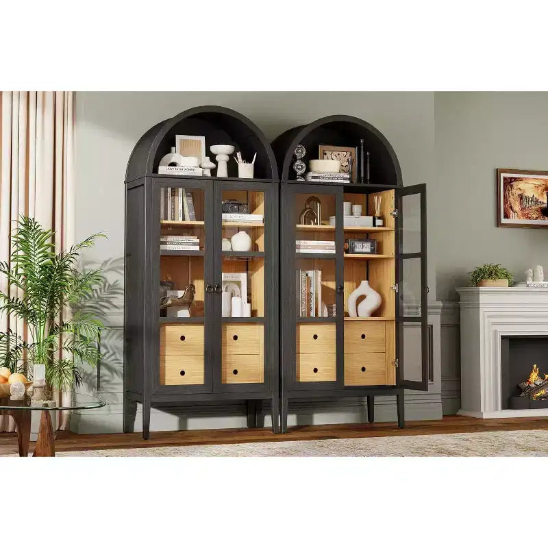 AMERLIFE 71 Meuble de Rangement Haut Arqué avec Portes en Verre et Tiroirs pour Salon