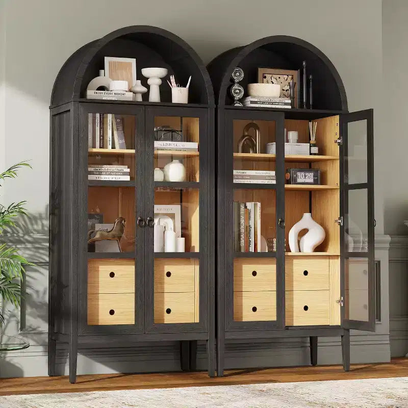 AMERLIFE 71 Meuble de Rangement Haut Arqué avec Portes en Verre et Tiroirs pour Salon