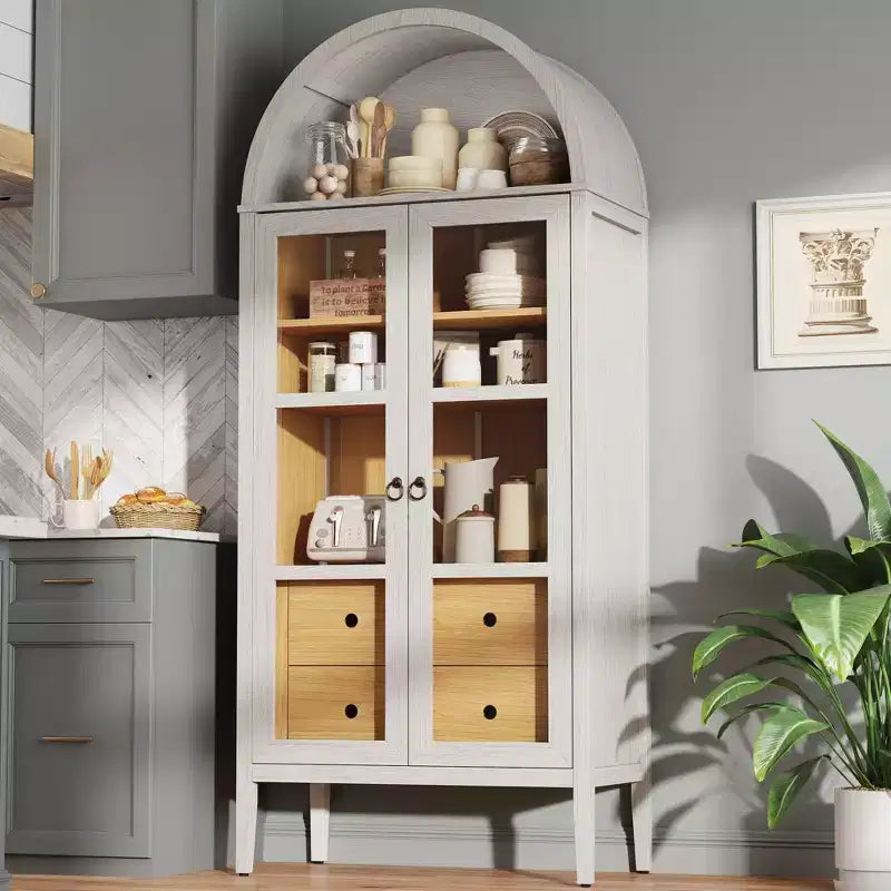 AMERLIFE 71 Meuble de Rangement Haut Arqué avec Portes en Verre et Tiroirs pour Salon