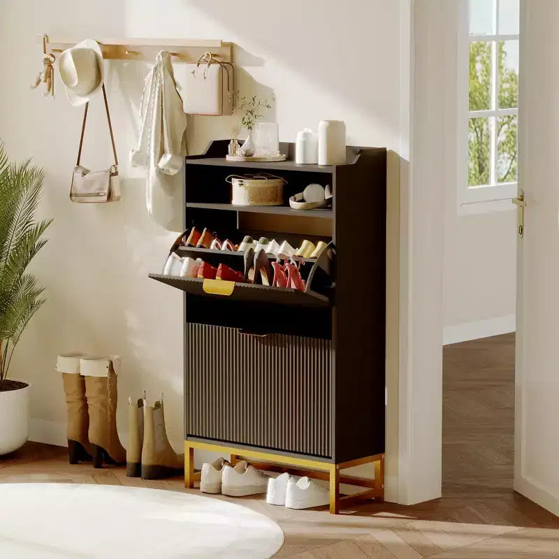 GustoWave Shoe Cabinet with 2 Flip Drawers, Freestanding Narrow Shoe Storage Organizer for Entryway, Wooden Hidden Slim with Open Storage