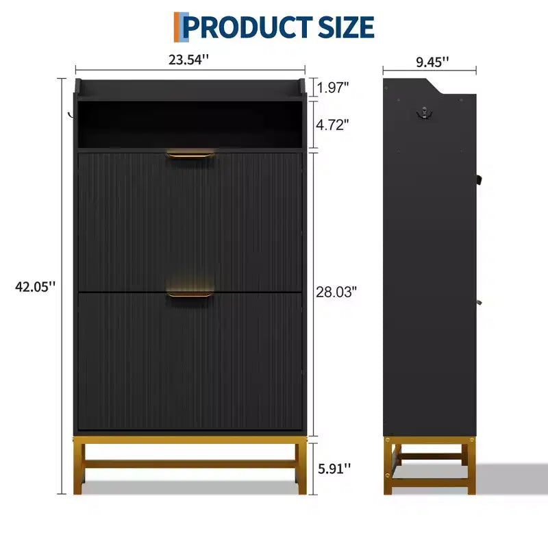 Meuble à chaussures GustoWave avec 2 tiroirs basculants, rangement à chaussures étroit autoportant pour entrée, meuble fin en bois avec rangement ouvert