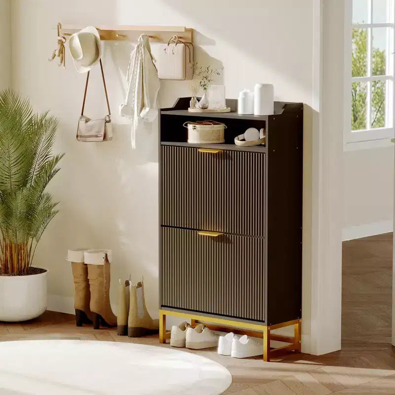 Meuble à chaussures GustoWave avec 2 tiroirs basculants, rangement à chaussures étroit autoportant pour entrée, meuble fin en bois avec rangement ouvert
