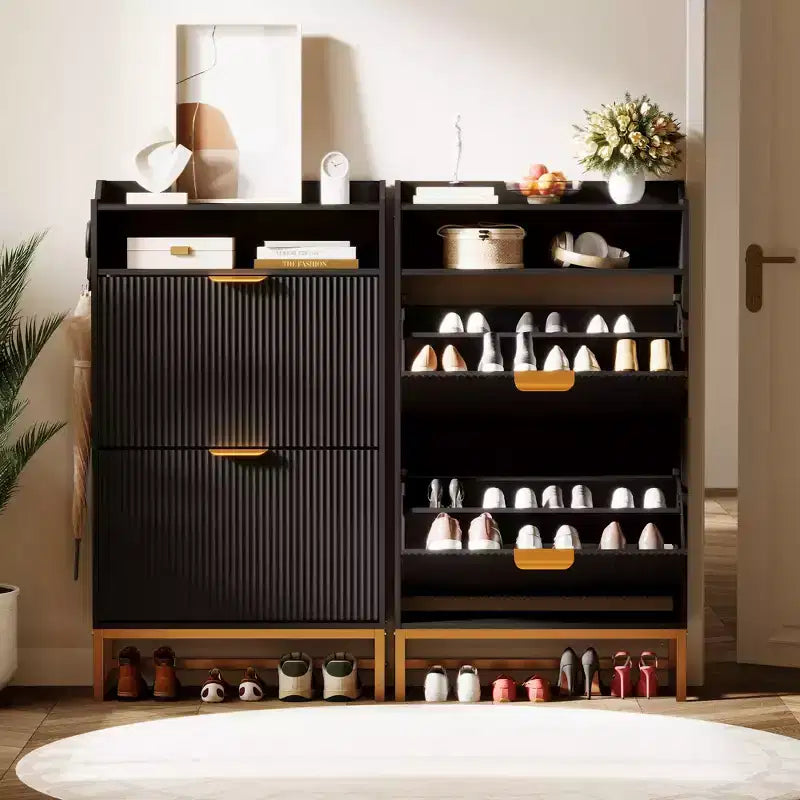 Meuble à chaussures GustoWave avec 2 tiroirs basculants, rangement à chaussures étroit autoportant pour entrée, meuble fin en bois avec rangement ouvert