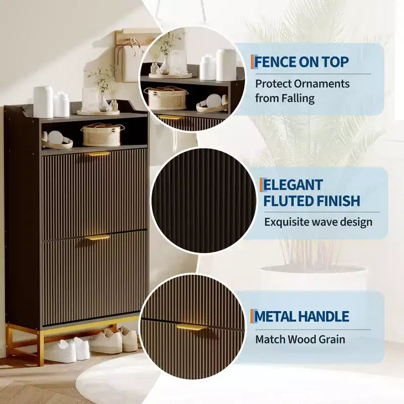 Meuble à chaussures GustoWave avec 2 tiroirs basculants, rangement à chaussures étroit autoportant pour entrée, meuble fin en bois avec rangement ouvert