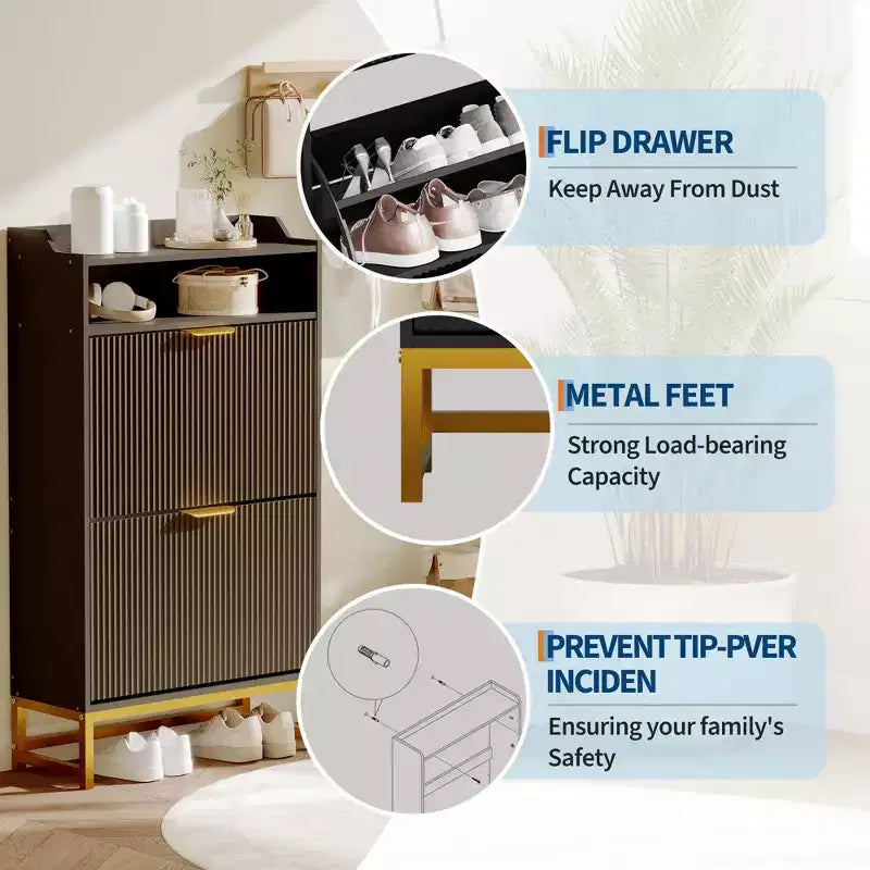 Meuble à chaussures GustoWave avec 2 tiroirs basculants, rangement à chaussures étroit autoportant pour entrée, meuble fin en bois avec rangement ouvert