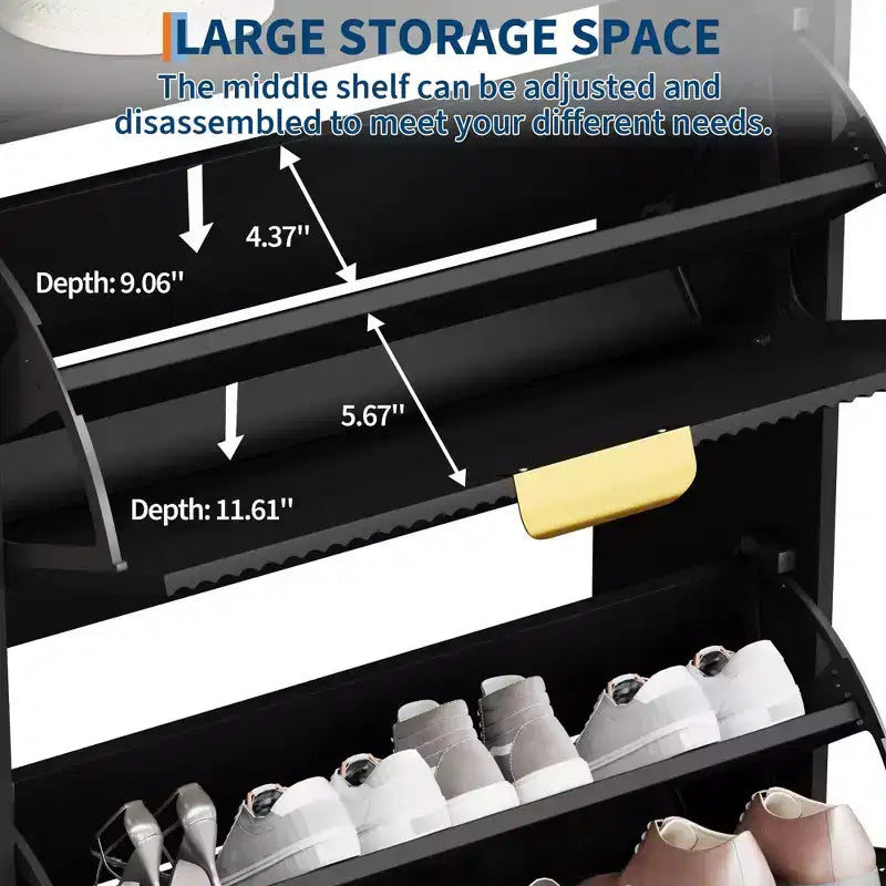 Meuble à chaussures GustoWave avec 2 tiroirs basculants, rangement à chaussures étroit autoportant pour entrée, meuble fin en bois avec rangement ouvert