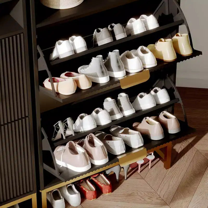 Meuble à chaussures GustoWave avec 2 tiroirs basculants, rangement à chaussures étroit autoportant pour entrée, meuble fin en bois avec rangement ouvert